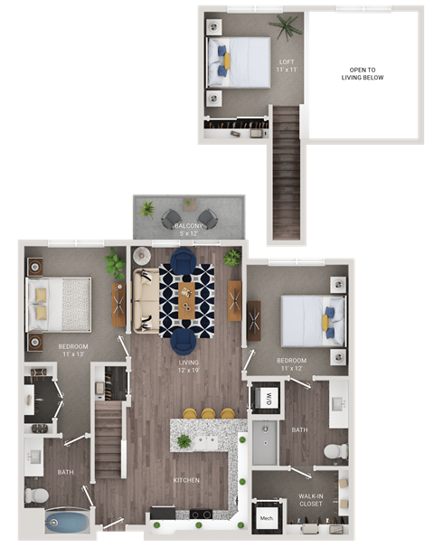 Floor plan for 2 beds, 2 baths, 1285 sqft